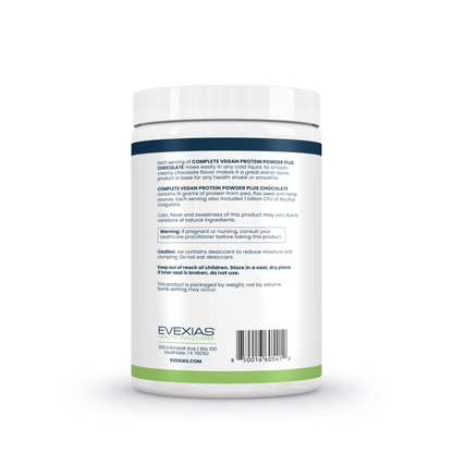 Complete Vegan Protein Powder Plus Chocolate Evexias Health Solutions Back Label
