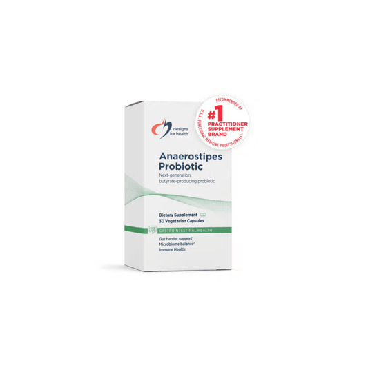Anaerostipes Probiotic by Designs for Health product box showing a butyrate-producing probiotic to support gut health, microbiome balance, and gut barrier integrity