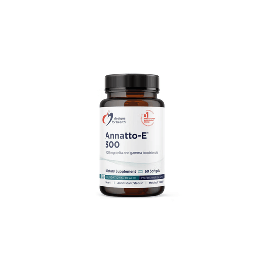 Annatto-E 300 by Designs for Health 60-softgel bottle supporting optimal vitamin E status, cardiovascular, skin, eye, bone, lung health, and antioxidant protection