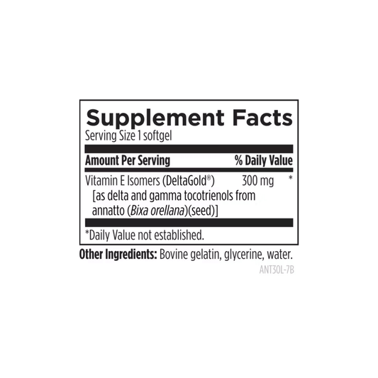 Supplement Facts label for Annatto-E 300 by Designs for Health showing delta- and gamma-tocotrienol content supporting vitamin E status and overall wellness