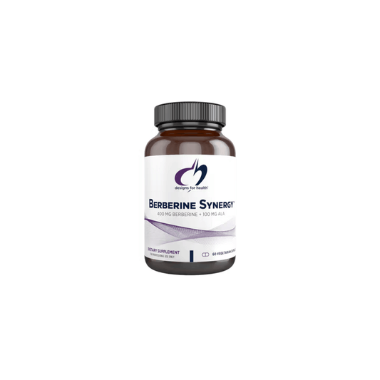 Berberine Synergy by Designs for Health supplement bottle supporting healthy blood sugar metabolism, normal insulin function, lipid metabolism, and cardiovascular health