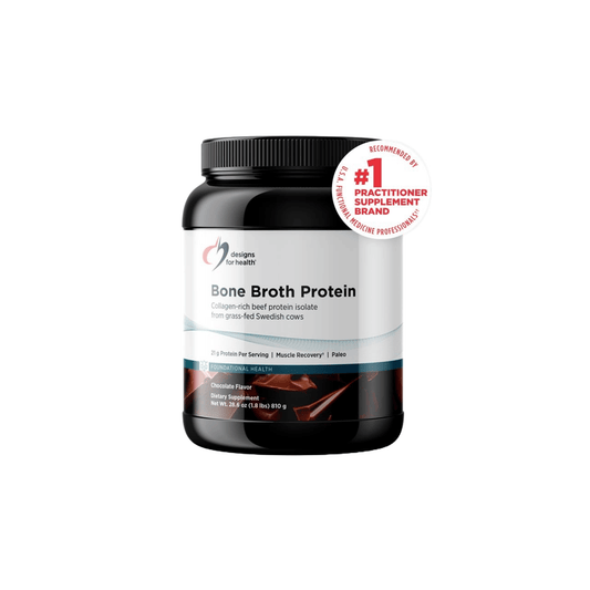 Designs for Health Bone Broth Protein container showing grass-fed, dairy-free, chocolate flavored protein powder for muscle, joint, and body composition support.