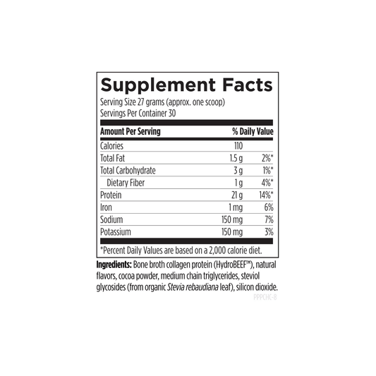 Supplement facts label for Designs for Health Bone Broth Protein chocolate flavor detailing nutrition information, serving size, and amino acid content.