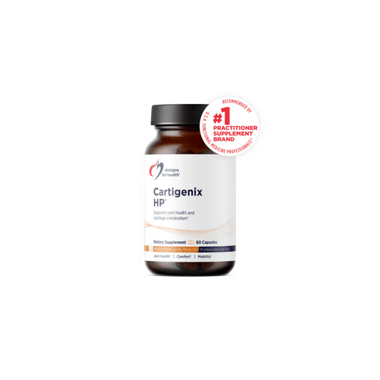Cartigenix HP by Designs for Health supplement bottle supporting joint comfort, healthy cartilage, flexibility, and mobility