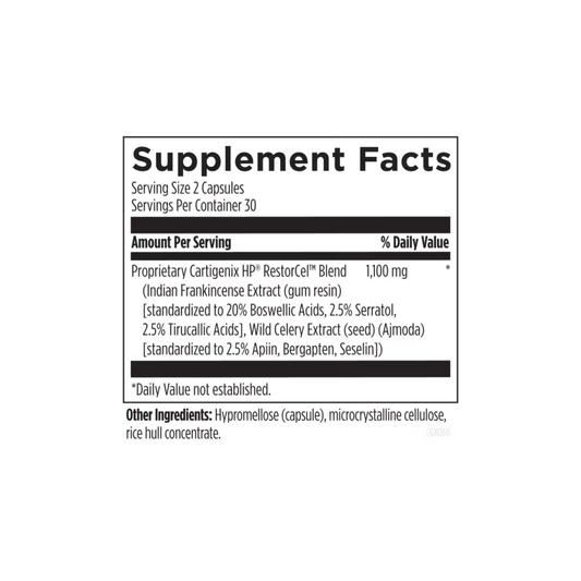 Supplement Facts label for Cartigenix HP by Designs for Health showing plant-based bioactives that support cartilage health, joint comfort, and healthy inflammatory response
