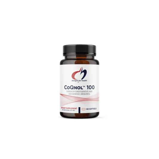 CoQnol 100 by Designs for Health softgel bottle with ubiquinol (DuoQuinol™) and GG (GG-Gold®) supporting cardiovascular health, energy production, antioxidant protection, and healthy aging