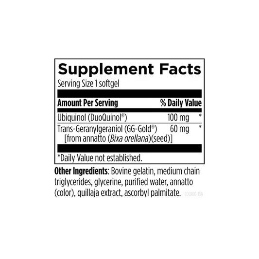 Supplement Facts label for CoQnol 100 by Designs for Health showing ubiquinol and geranylgeraniol content supporting heart health, energy, antioxidants, and overall wellness