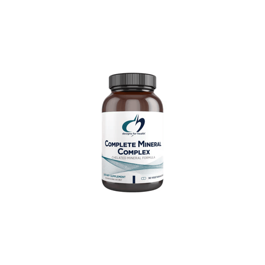 Complete Mineral Complex by Designs for Health supplement bottle with chelated minerals supporting overall mineral status, enzyme function, and optimal absorption