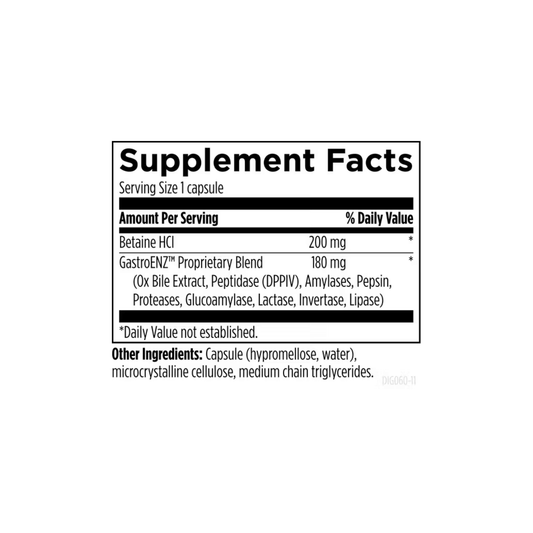 Supplement facts label for Digestzymes by Designs for Health showing enzyme blend and ingredients