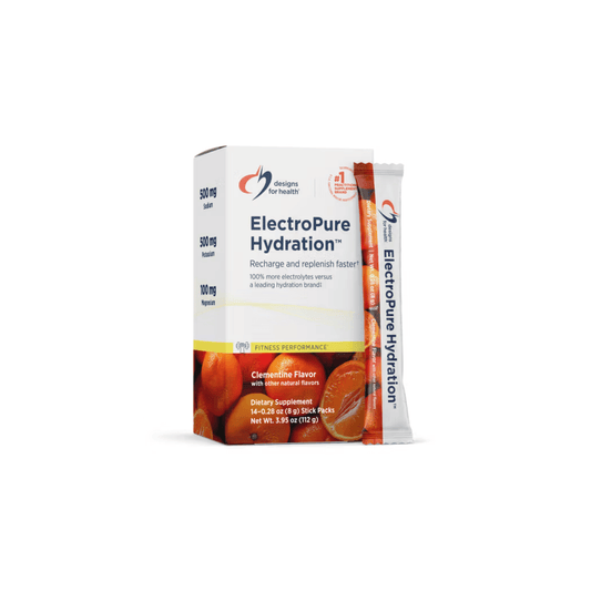 ElectroPure Hydration by Designs for Health box and single-use orange-flavored packet supporting electrolyte replenishment, hydration, and athletic performance