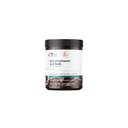 EssentiaGreens and Reds by Designs for Health container showing powdered superfood blend of greens, vegetables, fruits, and prebiotics for digestion, energy, detoxification, and overall health