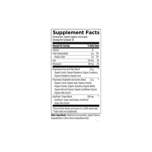 Supplement Facts label for EssentiaGreens and Reds by Designs for Health showing nutrient content, vitamins, minerals, and prebiotics supporting digestion, energy production, detoxification, and antioxidant status