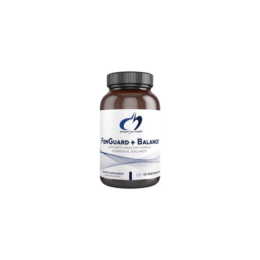 Bottle of FemGuard + Balance by Designs for Health dietary supplement for female hormone balance