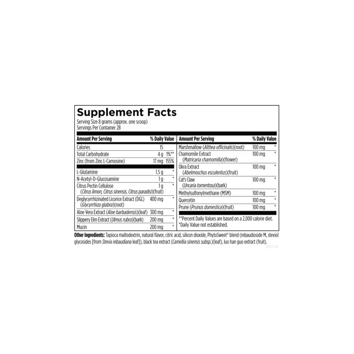Supplement Facts label for GI Revive by Designs for Health showing 15-in-1 nutrient and botanical blend supporting gut health, mucosal lining, and GI function