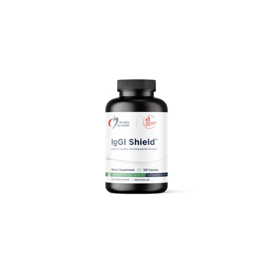 IgGI Shield by Designs for Health supplement bottle supporting healthy intestinal barrier function, gut lining integrity, toxin removal, and nutrient absorption