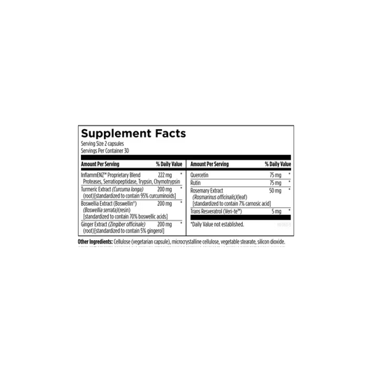 Supplement Facts label for Inflammatone by Designs for Health showing proteolytic enzymes, polyphenols, and botanical extracts supporting inflammation, antioxidant status, and recovery