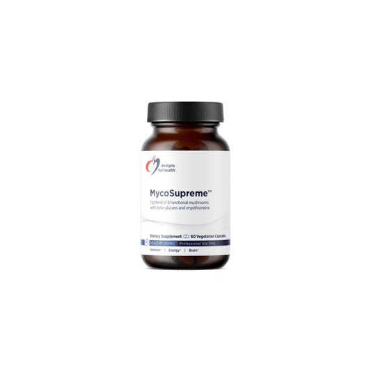 MycoSupreme by Designs for Health supplement bottle containing a full-spectrum blend of eight functional mushrooms with beta-glucans and ergothioneine to support healthy aging and overall vitality