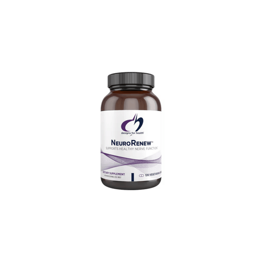 Bottle of Designs for Health NeuroRenew supplement supporting healthy nerve structure, function, regeneration, neurotransmitter balance, and normal pain responses