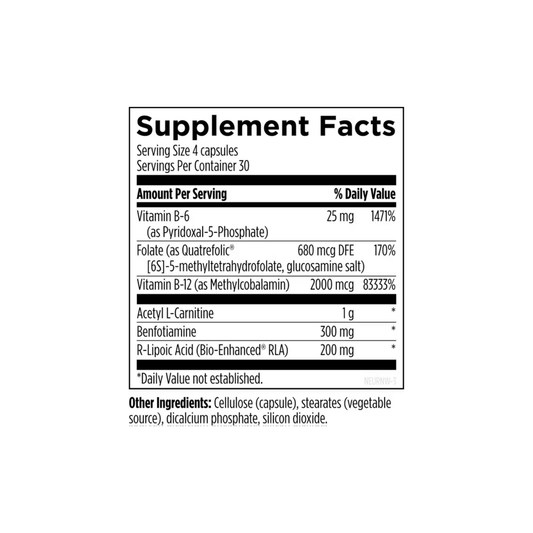 Supplement facts label for  NeuroRenew showing B vitamins, lipoic acid, and acetyl L-carnitine for nerve health, regeneration, and neurotransmitter support