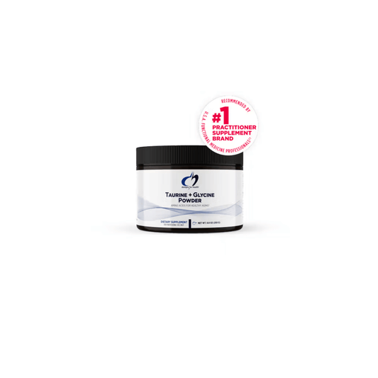 Designs for Health Taurine + Glycine Powder container showing amino acid supplement for healthy aging and metabolic support