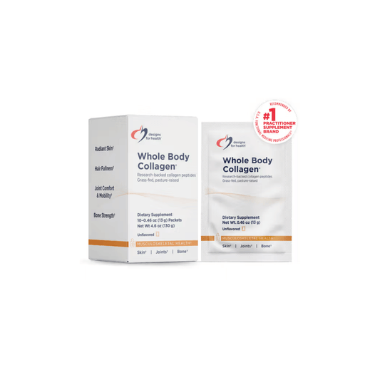Box and single-use packet of Designs for Health Whole Body Collagen showing product packaging and branding.