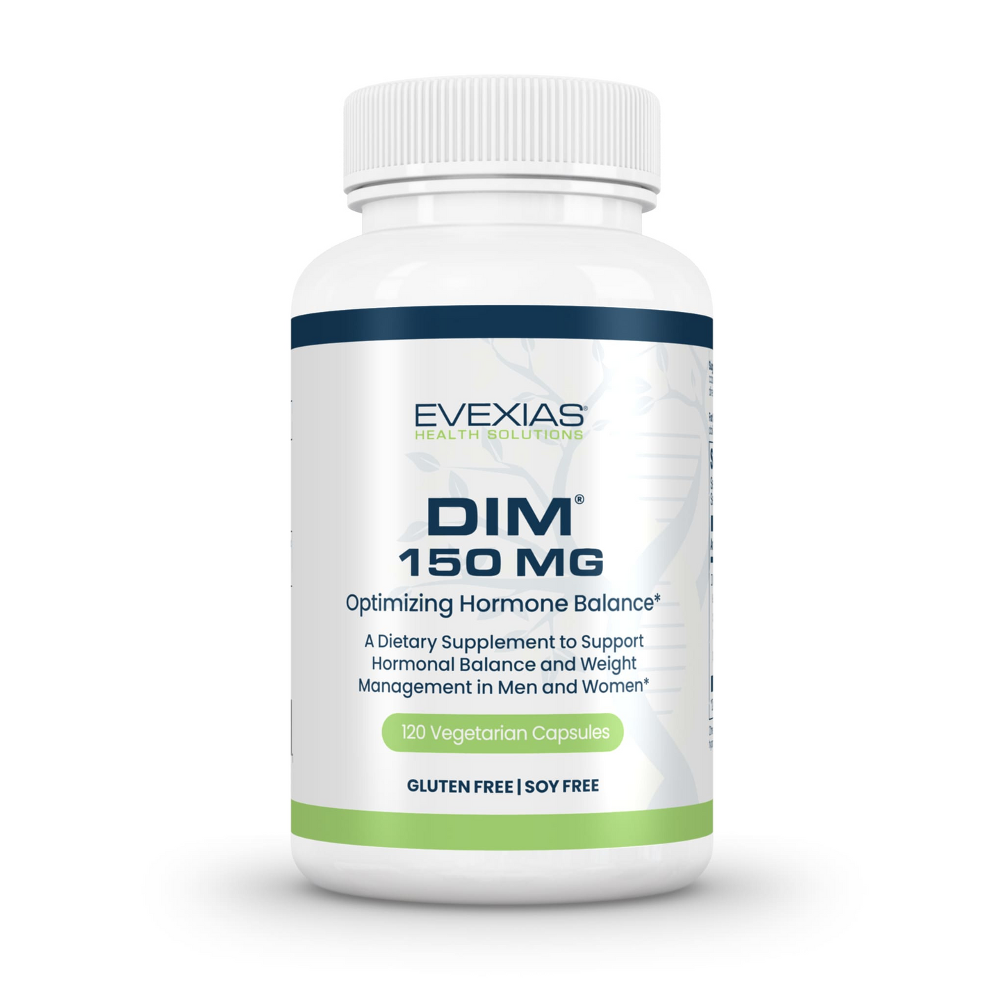 DIM 150 by Evexias dietary supplement bottle for optimizing hormone balance with 120 vegetarian capsules, gluten-free and soy-free.