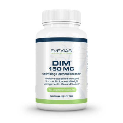 DIM 150 by Evexias dietary supplement bottle for optimizing hormone balance with 120 vegetarian capsules, gluten-free and soy-free.