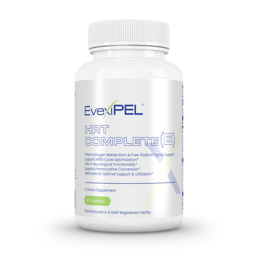 Estrogen supplement bottle by Evexias supporting hormone metabolism and balance with 60 capsules