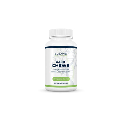 ADK Chews bottle by Evexias Health Solutions featuring pineapple-flavored vitamin A D3 K2 gummies for bone and immune health
