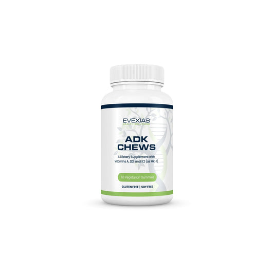 ADK Chews bottle by Evexias Health Solutions featuring pineapple-flavored vitamin A D3 K2 gummies for bone and immune health