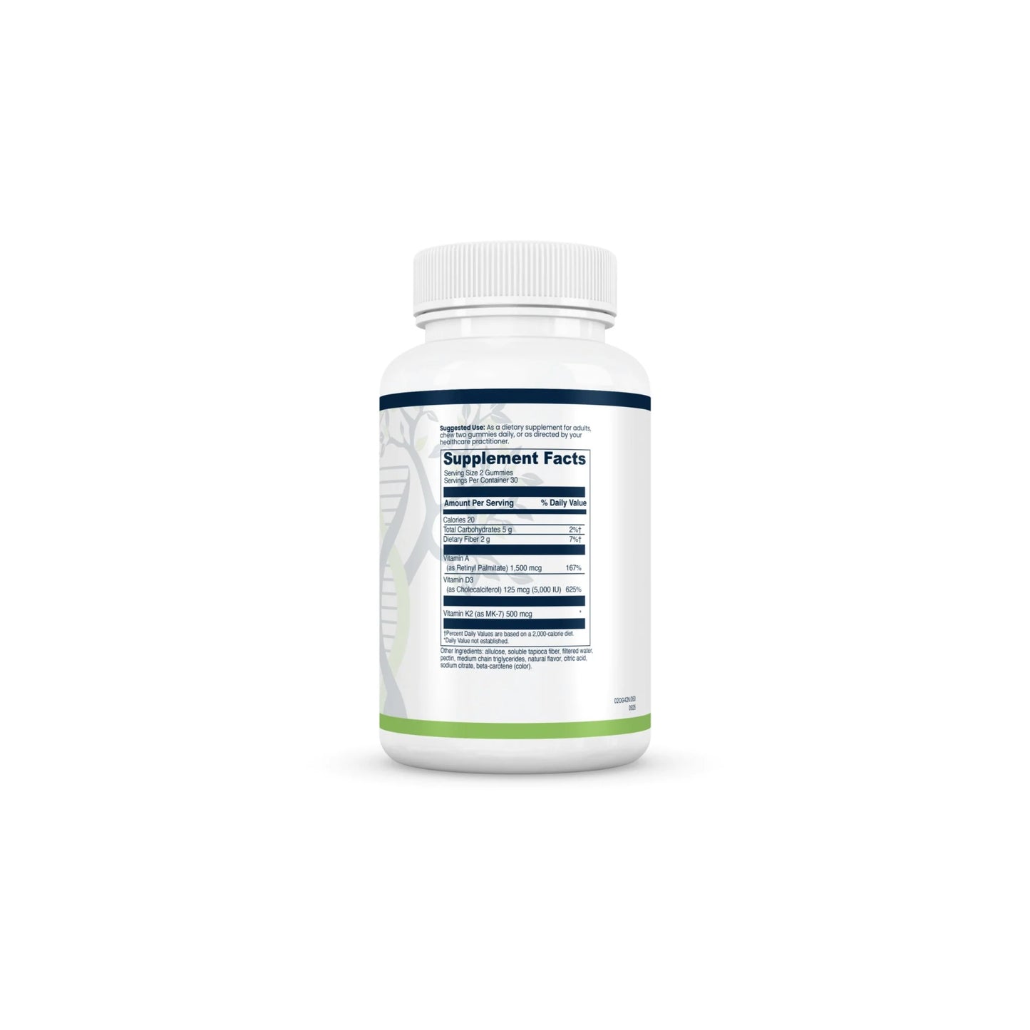 Supplement facts panel of ADK Chews by Evexias Health Solutions showing vitamin A D3 K2 nutritional information
