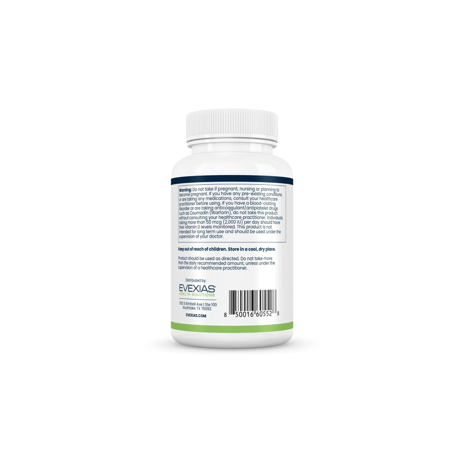 Warning label of ADK Chews by Evexias Health Solutions showing supplement safety information, usage directions, and cautionary statements