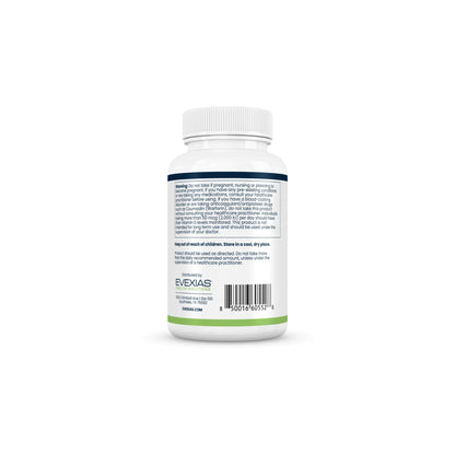 Warning label of ADK Chews by Evexias Health Solutions showing supplement safety information, usage directions, and cautionary statements