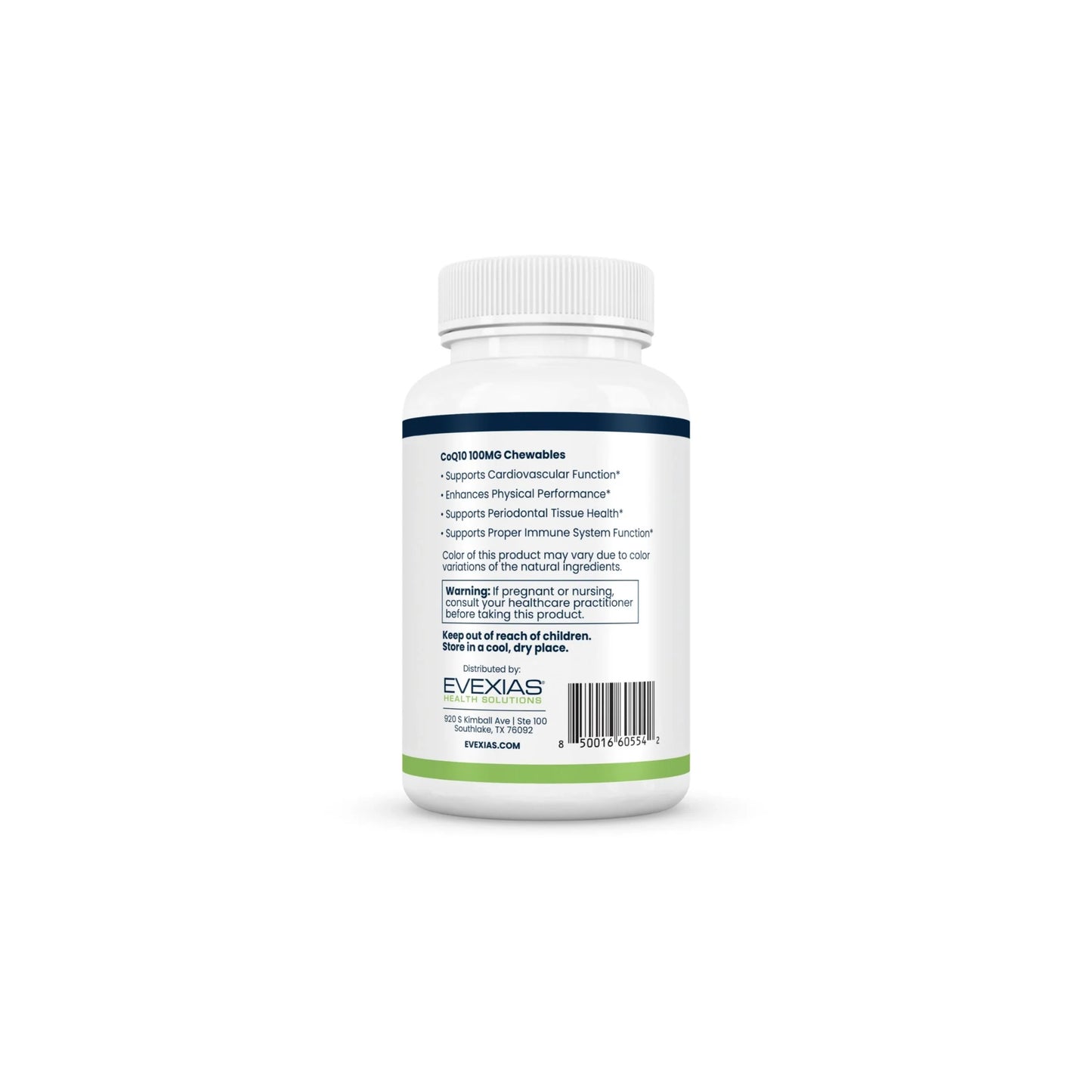 Side of CoQ10 100 mg Chews bottle showing product details and warning label