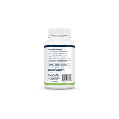 Side of CoQ10 100 mg Chews bottle showing product details and warning label