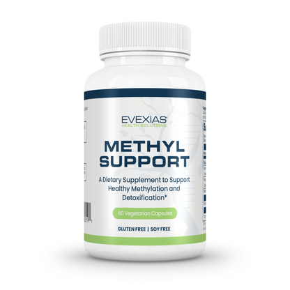 Bottle of Methyl Support dietary supplement by Evexias with 60 vegetarian capsules for methylation and detoxification support.
