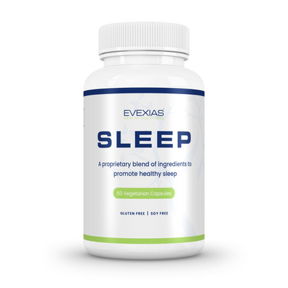 Sleep by Evexias supplement bottle featuring a proprietary blend to promote healthy sleep with 60 vegetarian capsules, gluten-free and soy-free.