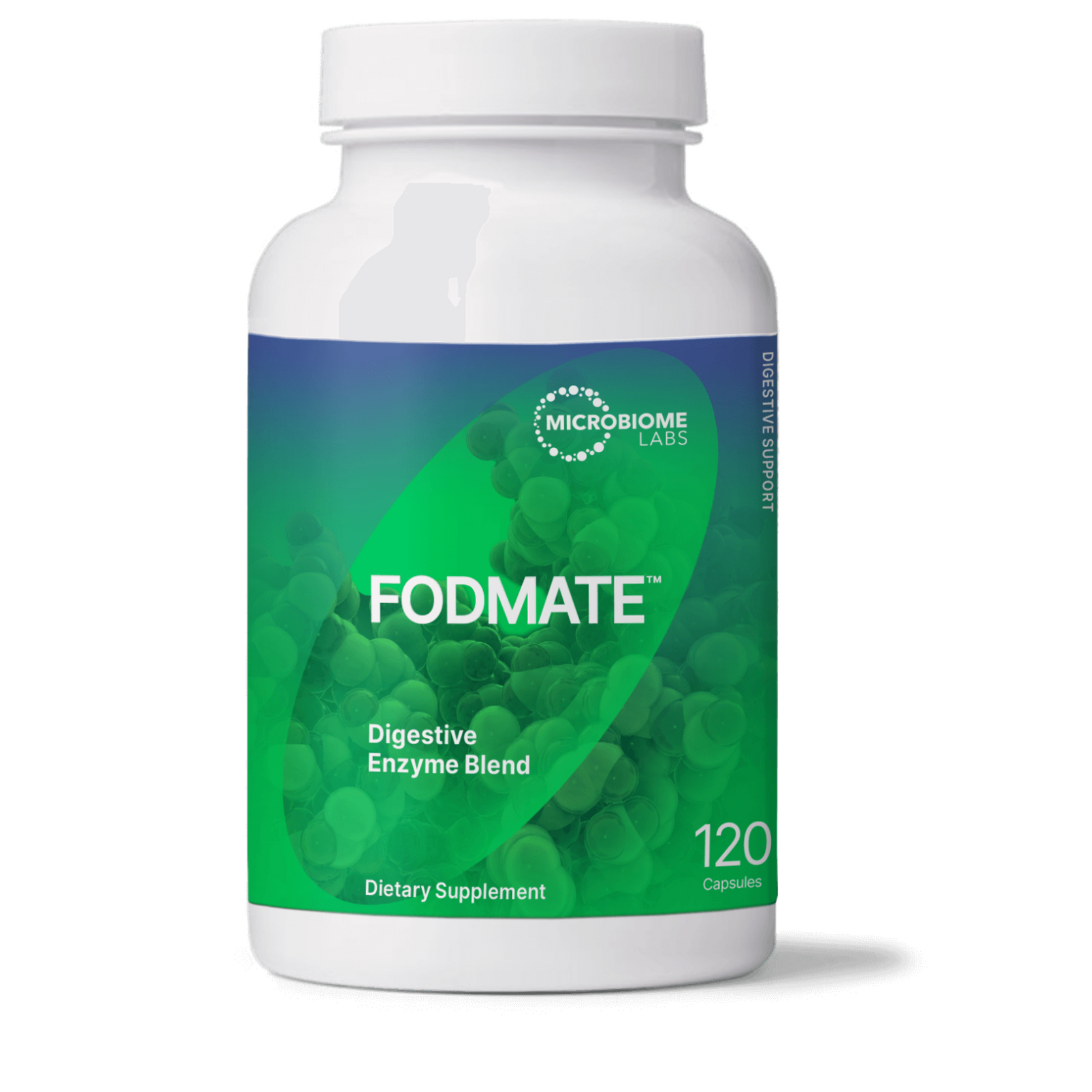 Fodmate Microbiome Labs digestive enzyme blend dietary supplement bottle with 120 capsules for digestive support and relief from FODMAP-related symptoms