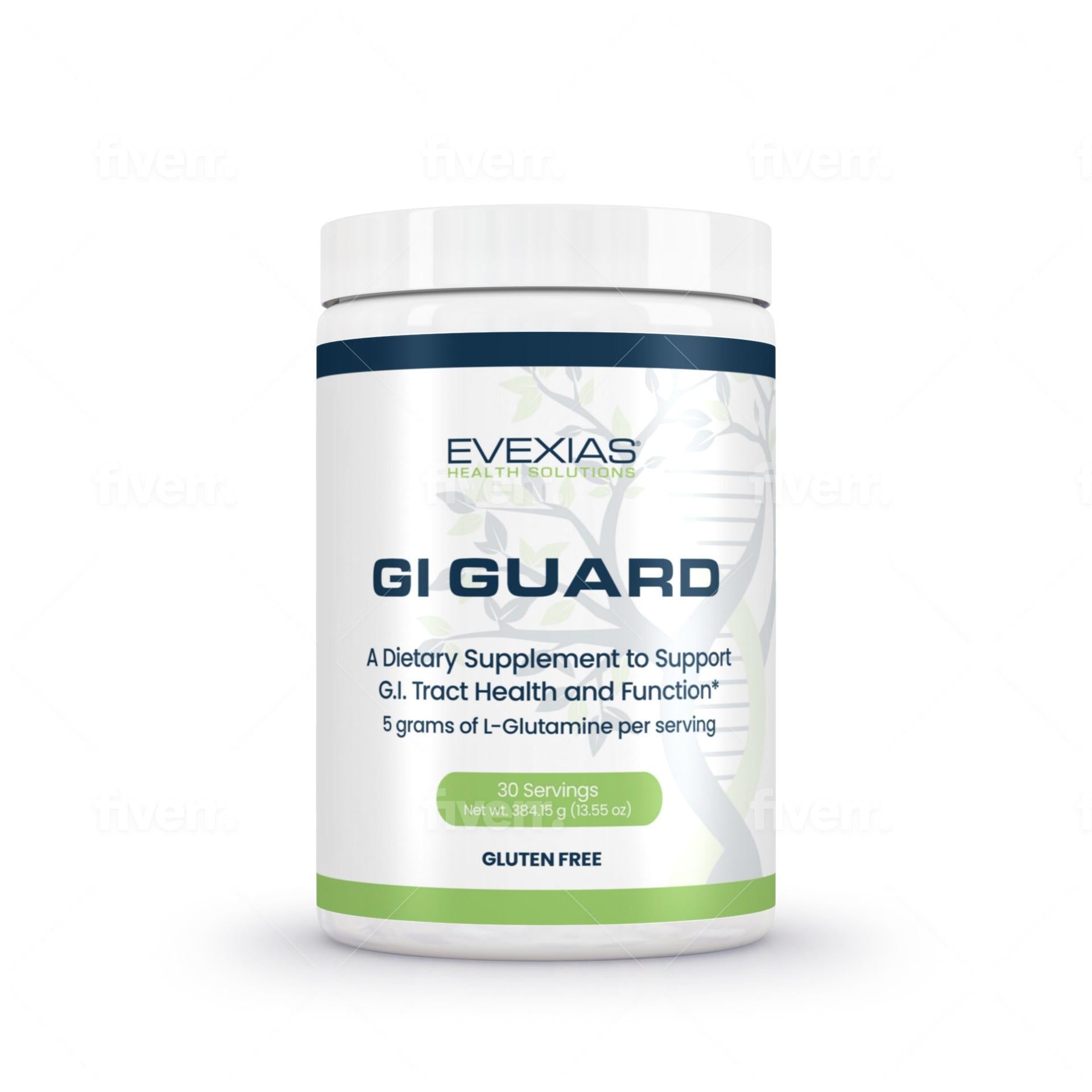 GI Guard by Evexias dietary supplement container supporting gastrointestinal health with 5 grams of L-Glutamine per serving and gluten-free label