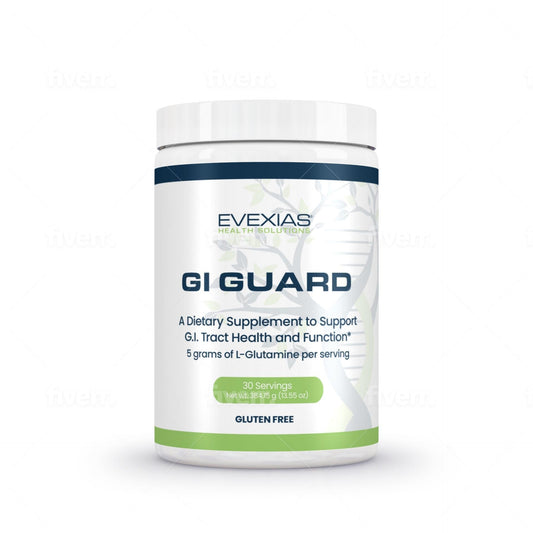 GI Guard by Evexias dietary supplement container supporting gastrointestinal health with 5 grams of L-Glutamine per serving and gluten-free label