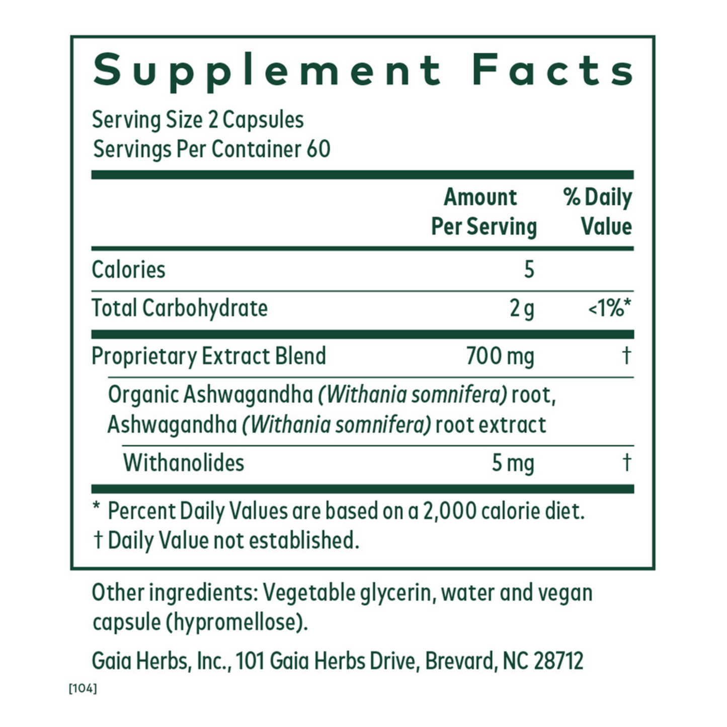 Gaia Herbs Pro Ashwagandha 700 Ingredients