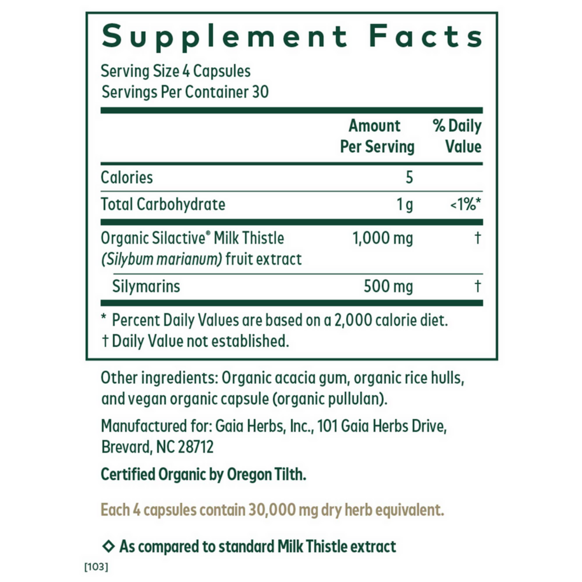 Gaia Herbs Pro Milk Thistle 1000 Ingredients