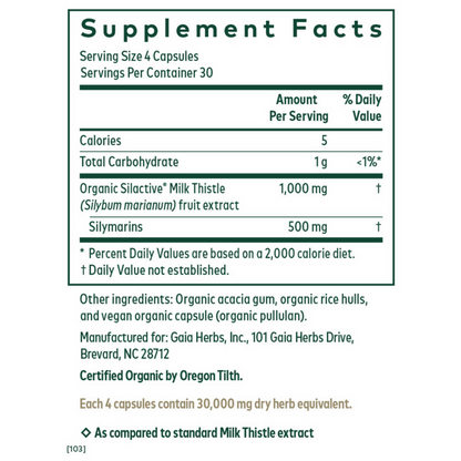 Gaia Herbs Pro Milk Thistle 1000 Ingredients