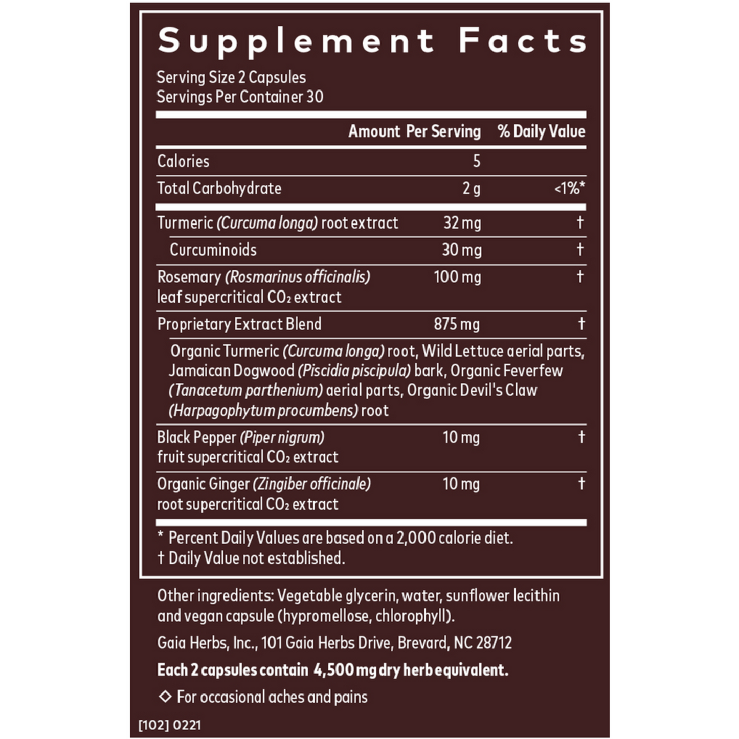 Gaia Herbs Pro Turmeric Supreme Pain Ingredients