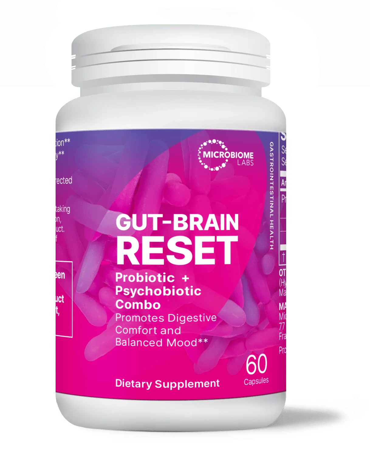 Probiotic bottle labeled 'Gut-Brain Reset' by Microbiome Labs on a white background