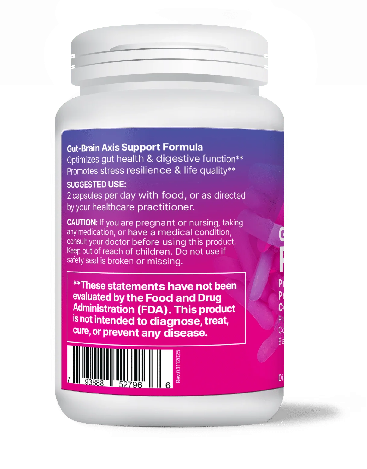 Probiotic bottle with pink label on a white background