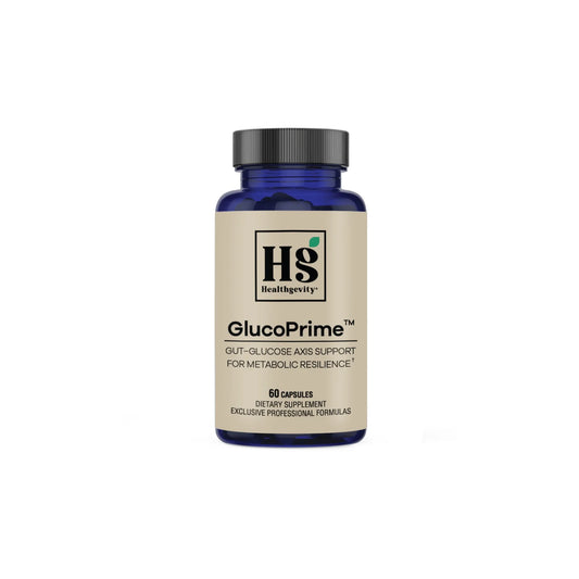 Front view of the GlucoPrime 60 count bottle showing key ingredients like Eriogut Pro and Reducose