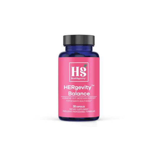 A clear front-facing shot of the HERgevity Balance bottle highlighting key ingredients like Xeya and MENOFELIS