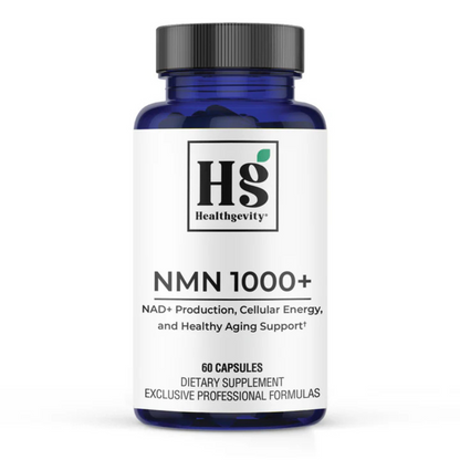 Healthgevity NMN 1000+ supplement for NAD+ production, cellular energy, and healthy aging support in a 60-capsule bottle