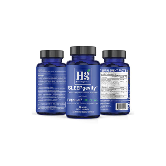 SLEEPgevity by Healthgevity 60-capsule bottles showing front, back, and side labels for melatonin-free sleep support supplement